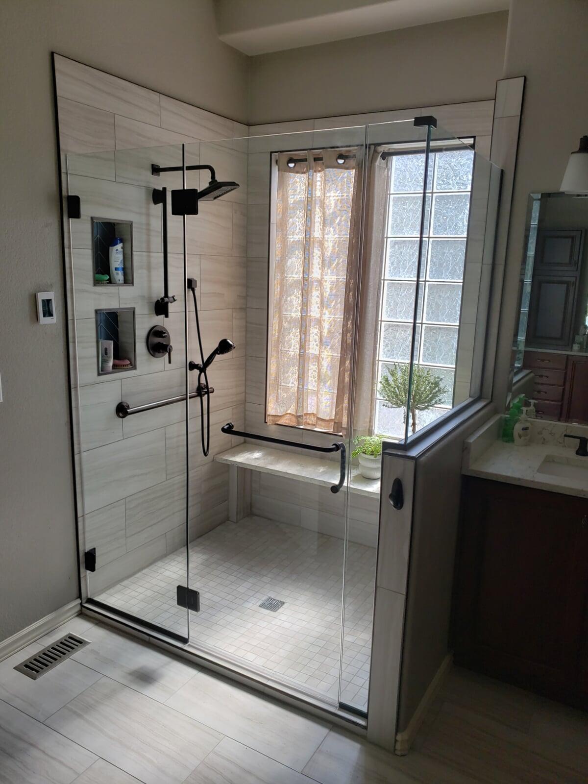 Frameless with door hinged off of the glass panel with no header